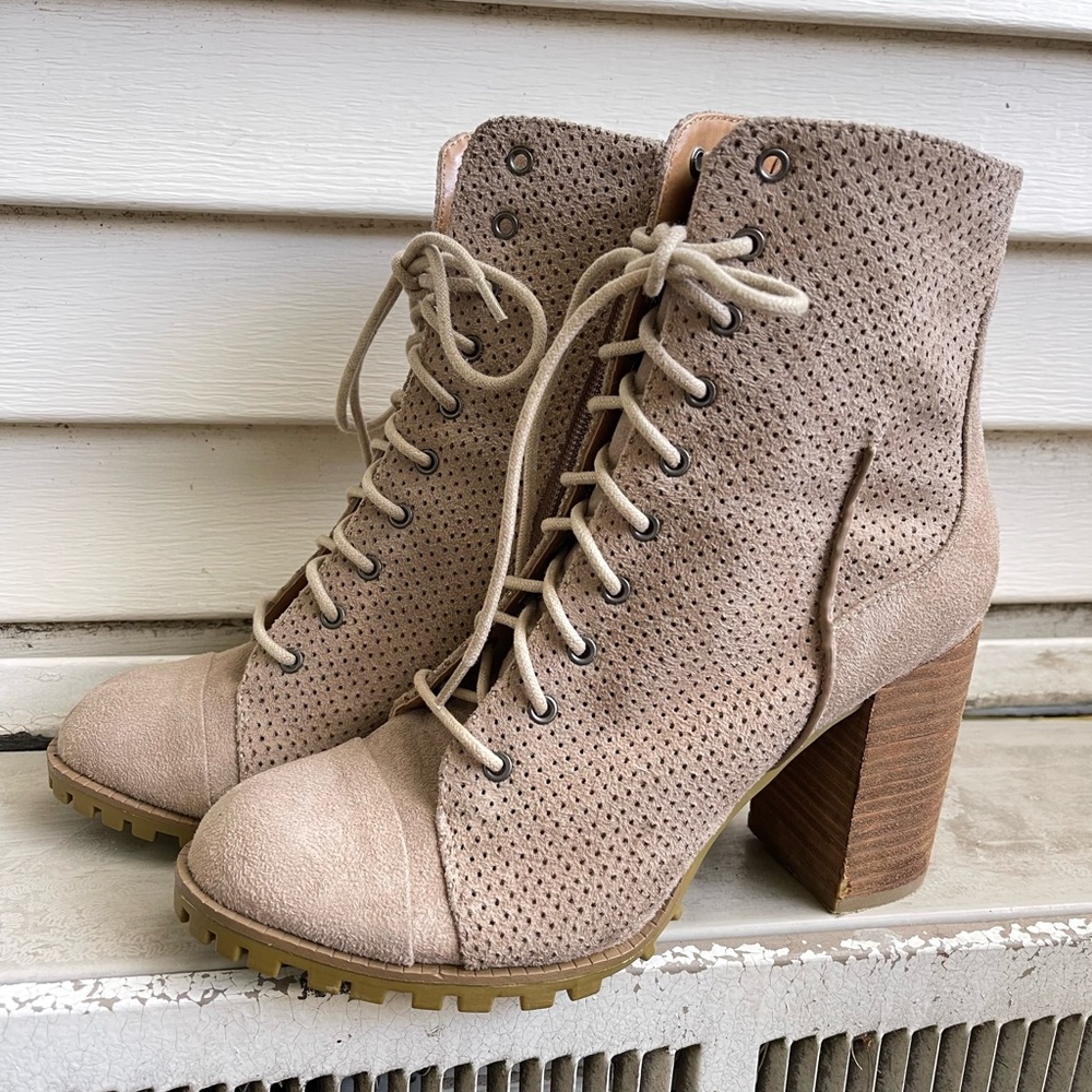Report Adrian Taupe Suede Heel Combat Ankle Block Heel boots
